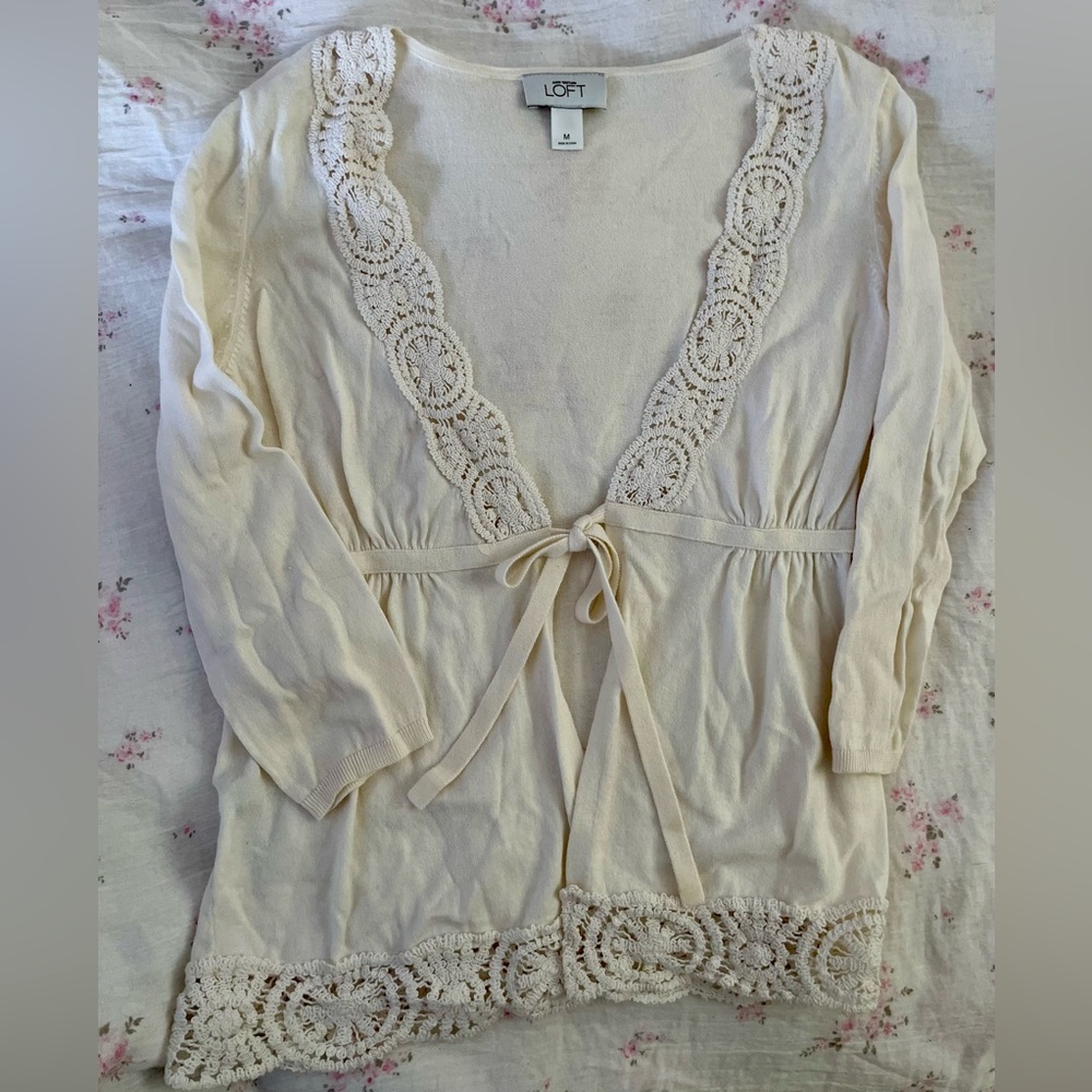 LOFT Ivory Lace Accent tie front sweater